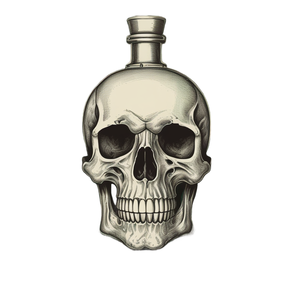 Skull and crossbones with alchemical symbols and a green potion, die-cut sticker on white.