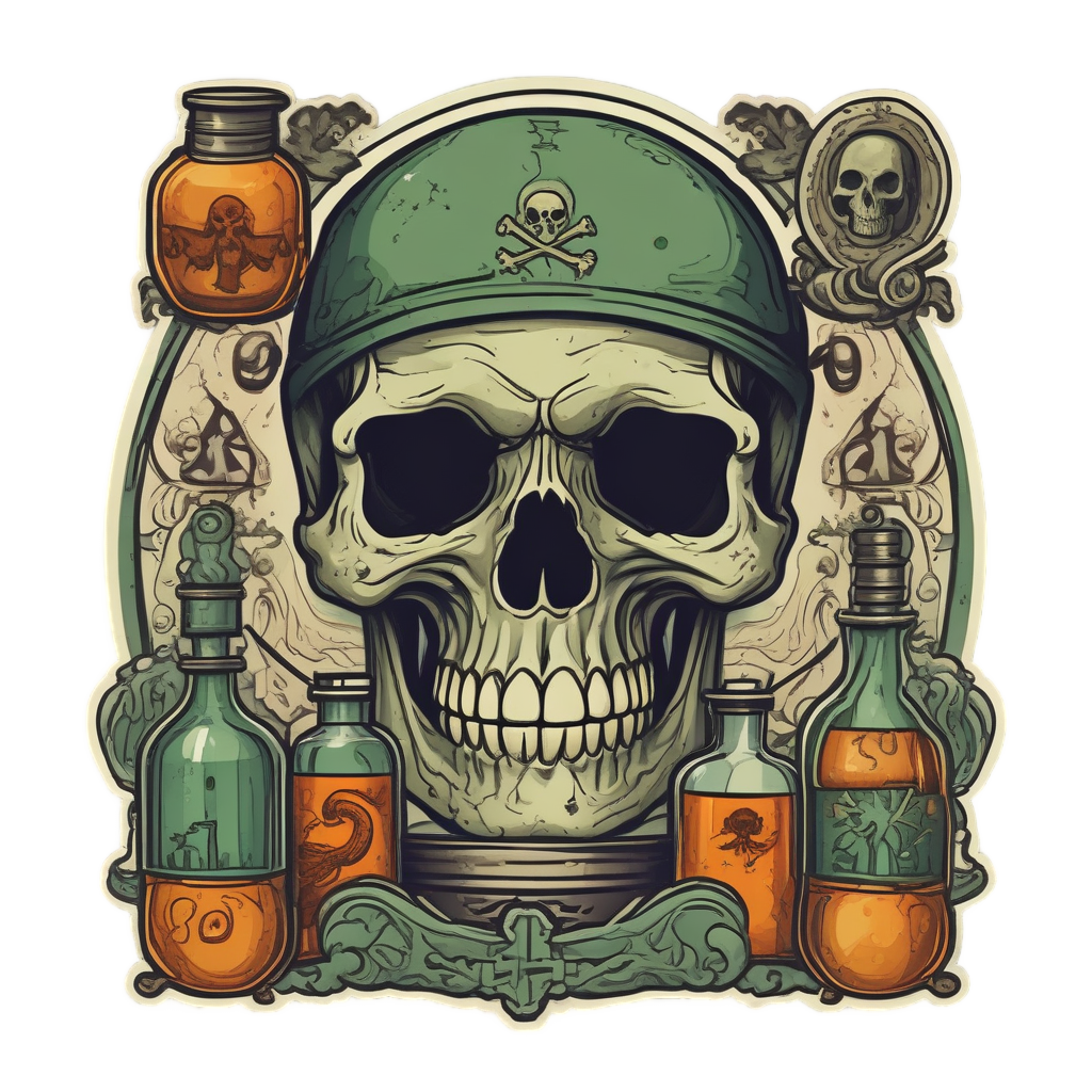 Wise skull with alchemical symbols and amber tones