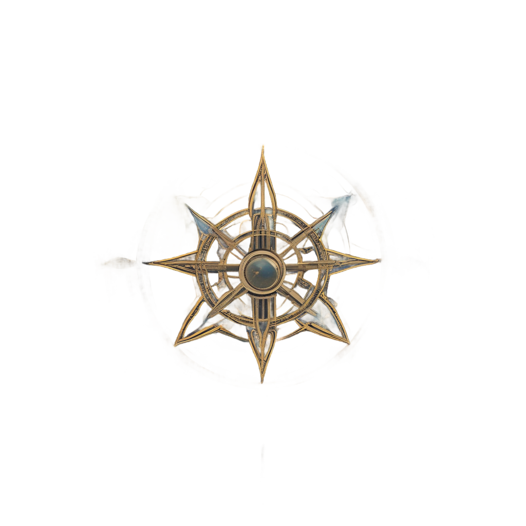 A gothic mirror with alchemical symbols, compass rose, and a glowing orb and ouroboros reflection.