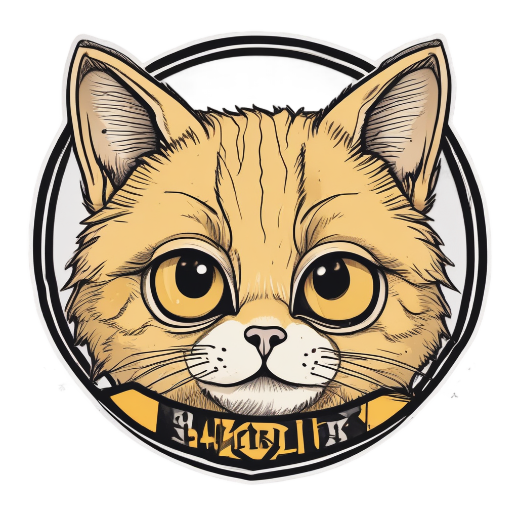 Lineart sticker of a cat peeking from behind a yellow caution stripe badge