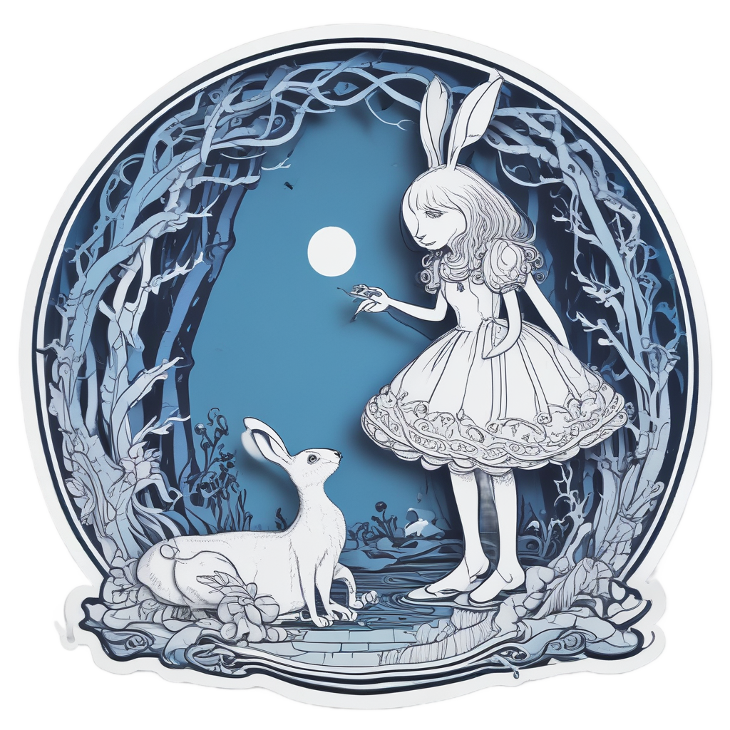 A papercut Alice with barbed-wire dress and rabbit hole motif