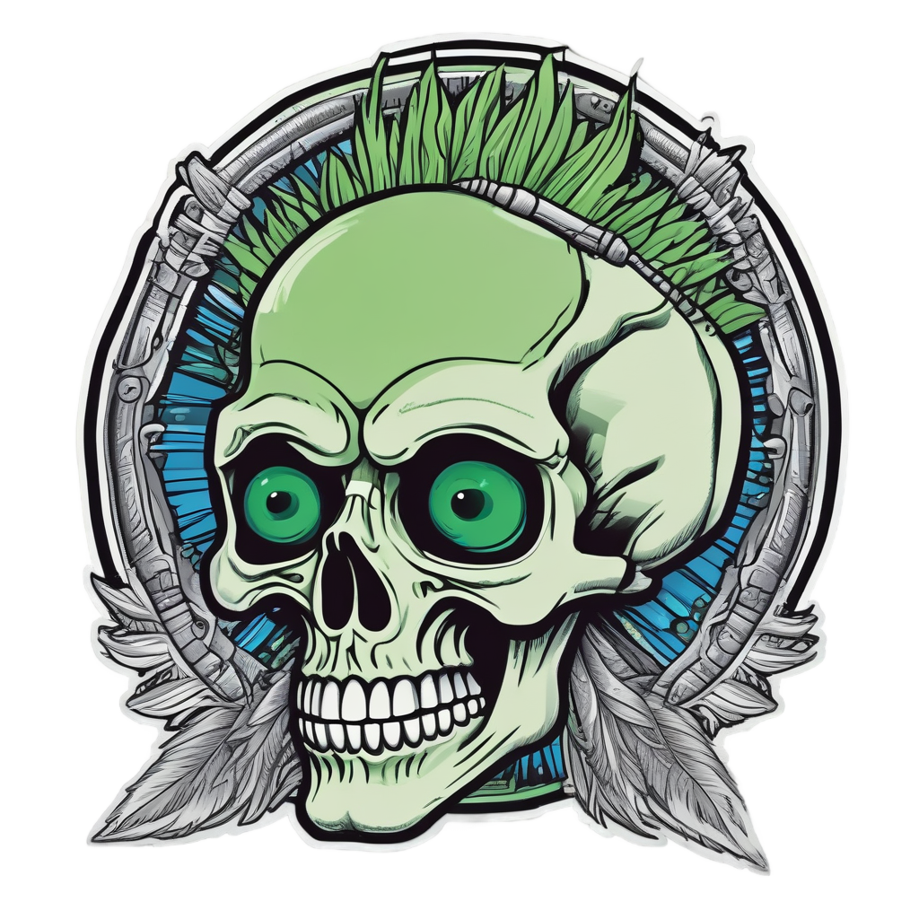 A skull with big green alien eyes, antenna feathers, and a UFO above it.