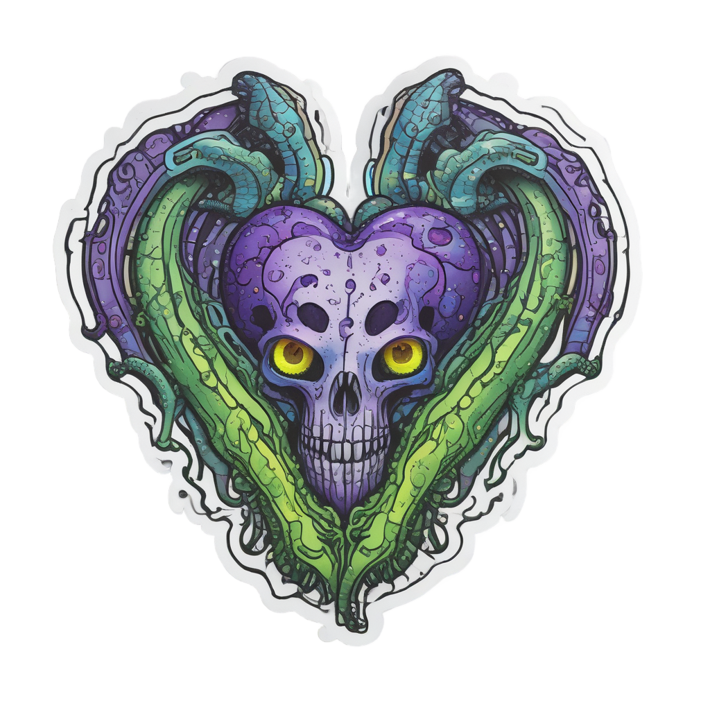 Heart calavera with holographic purple-green plasma tentacles in an alien light beam.