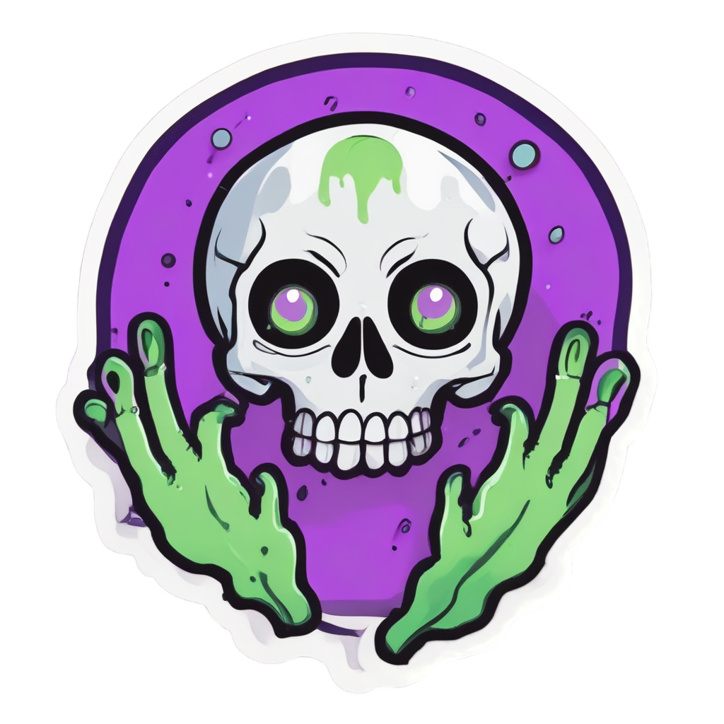 A purple handprint skull with alien eyes and antennae on white.