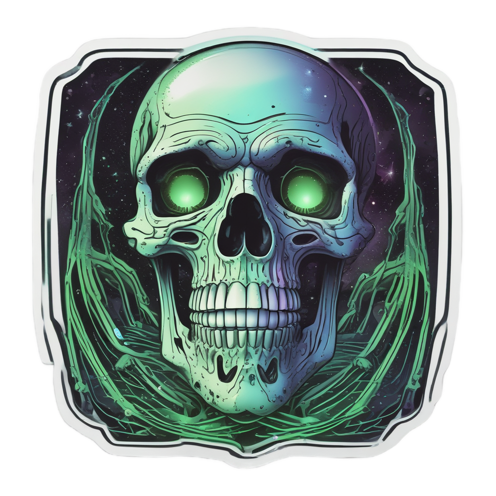 Alien holographic skull with UFO beam on white background