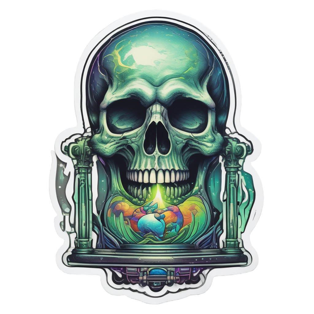 Alien hourglass skull with green bioluminescent ooze and holographic spots