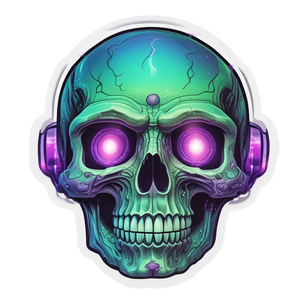 Alien holographic skull with purple antennae and big curious eyes