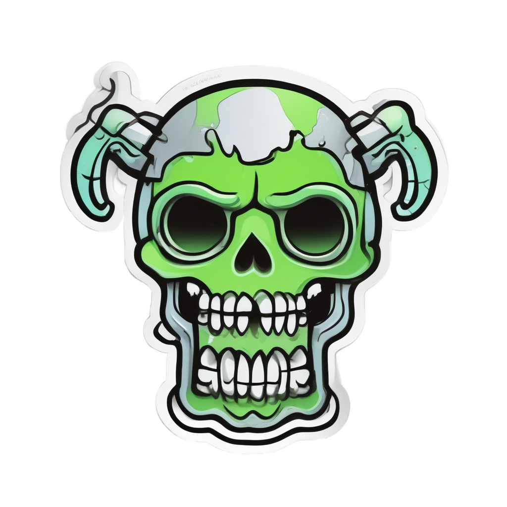 An alien chrome piston skull with antennae sticker.