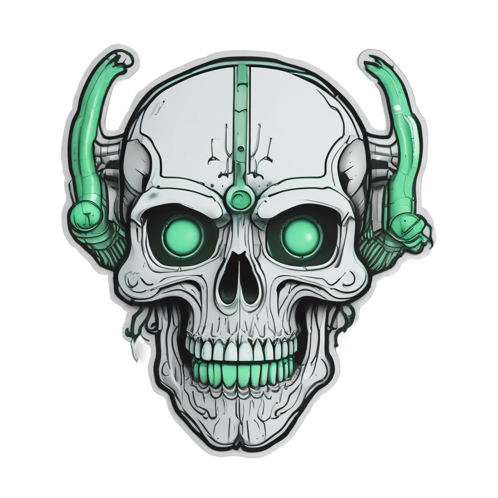 Chrome skull with glowing alien antennae papercut