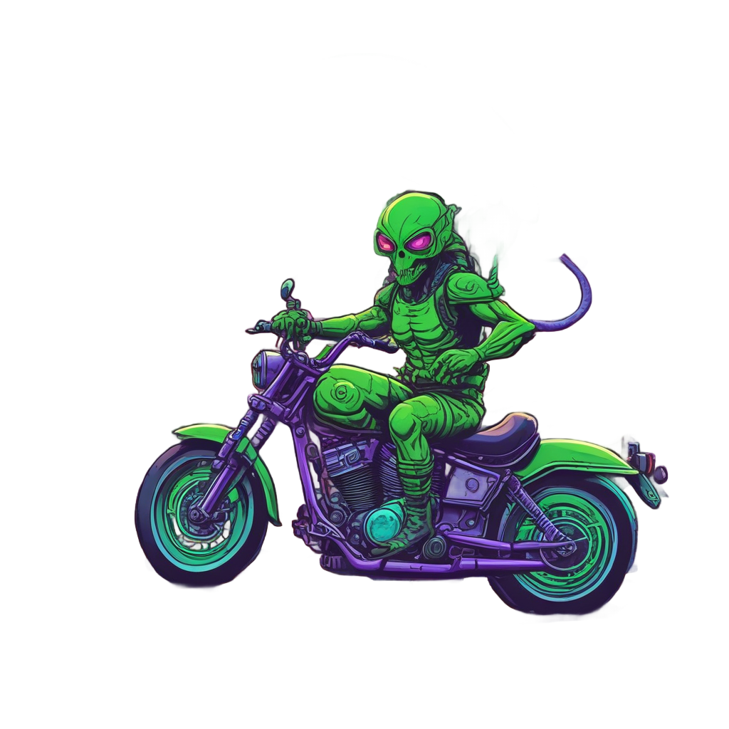 Alien neon green chopper rider on purple alien landscape