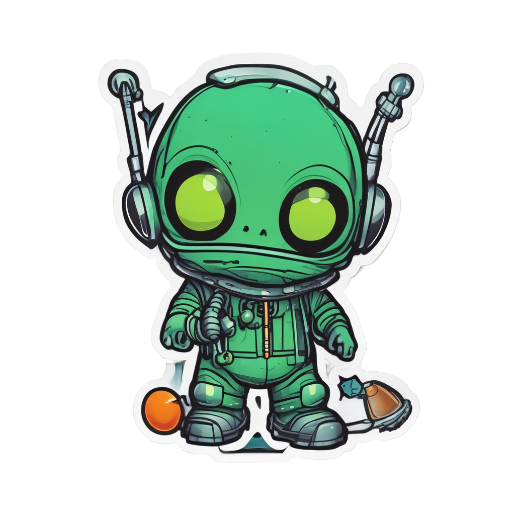 A green alien in a spacesuit with glowing antennae holds a test tube in space