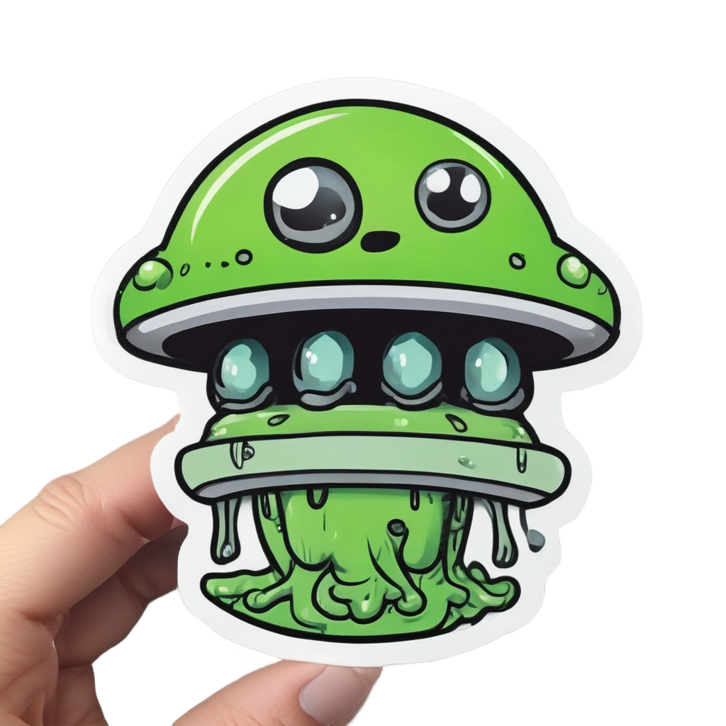 A green alien blob with three eyes riding a small flying saucer