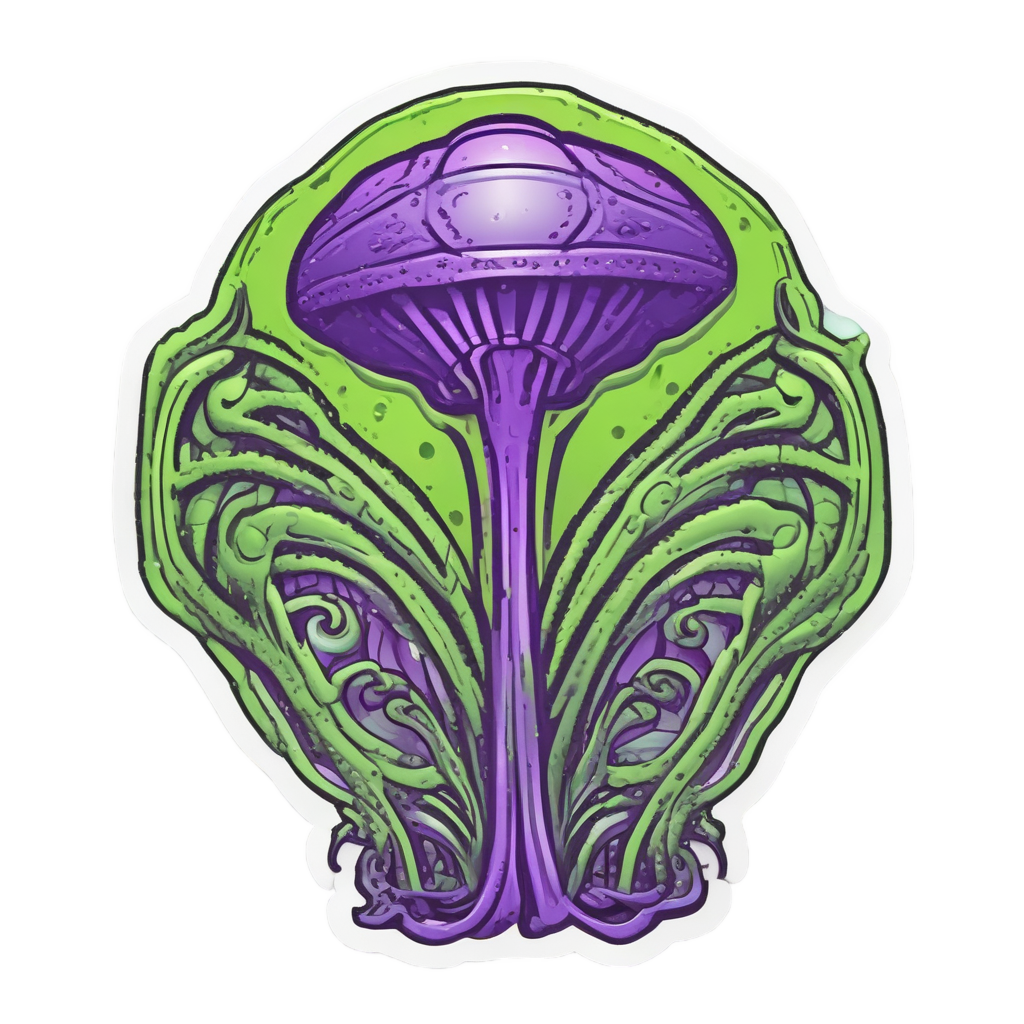 Papercut alien plant with electric purple and lime green radioactive symbol bloom.