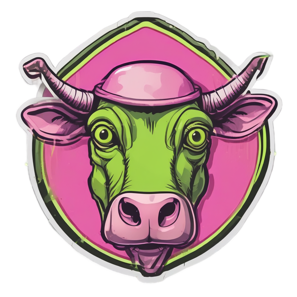 Neon pink and green alien abducting a cow on a camouflage flag
