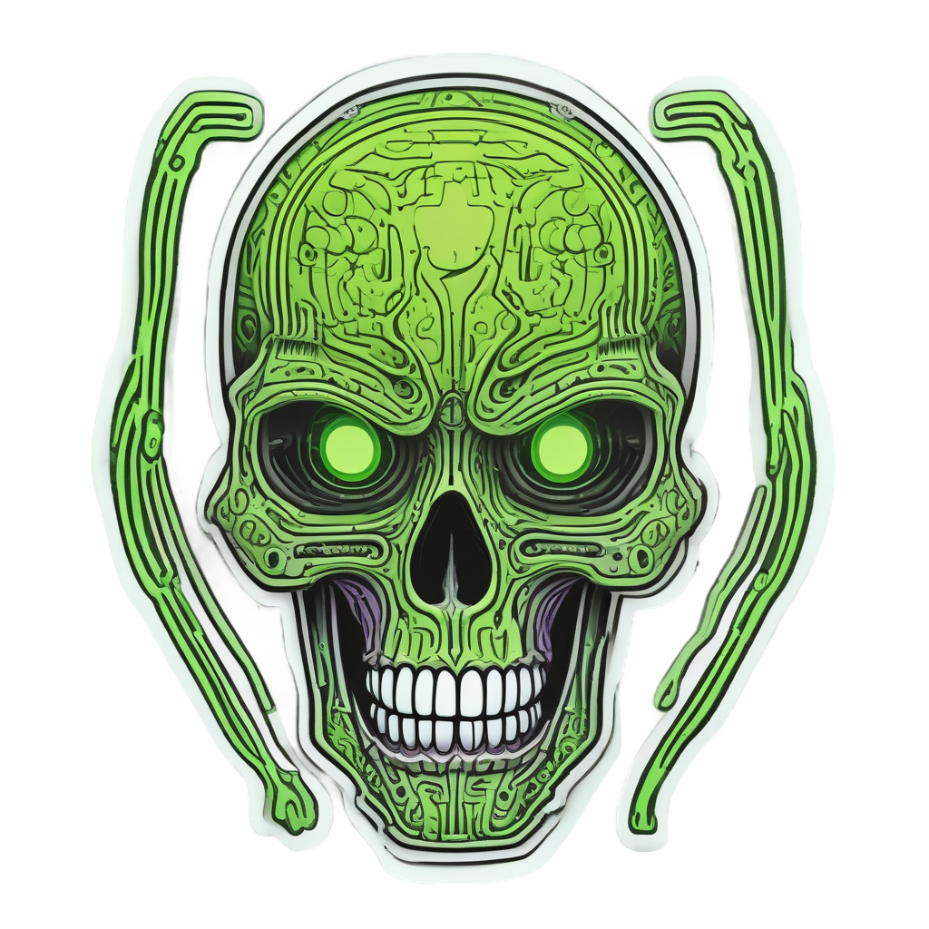 A neon lime green alien circuit skull with antennae on white