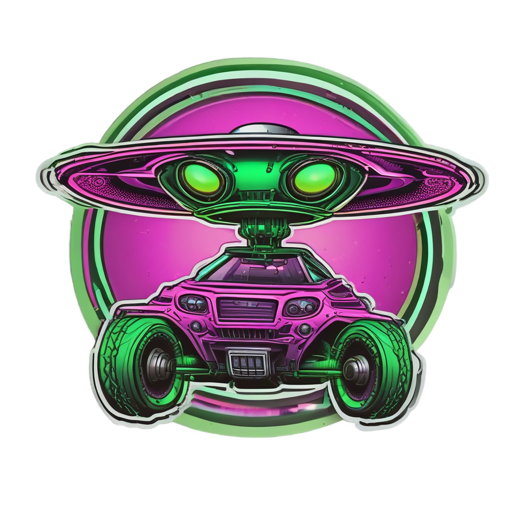 Neon-green alien on a silver saucer-cruiser with a pink tractor beam