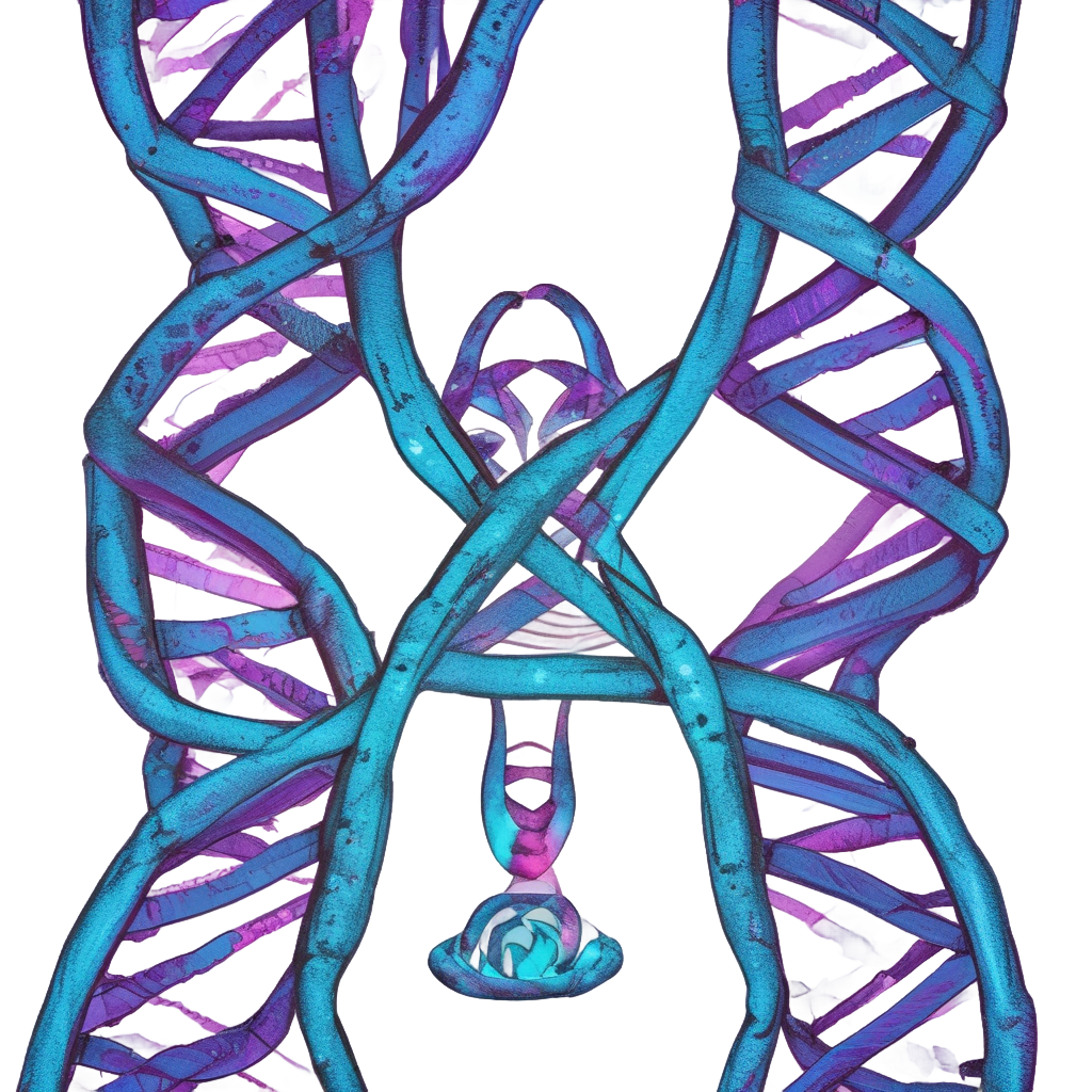 Holographic DNA helix with glowing biohazard symbol base pairs