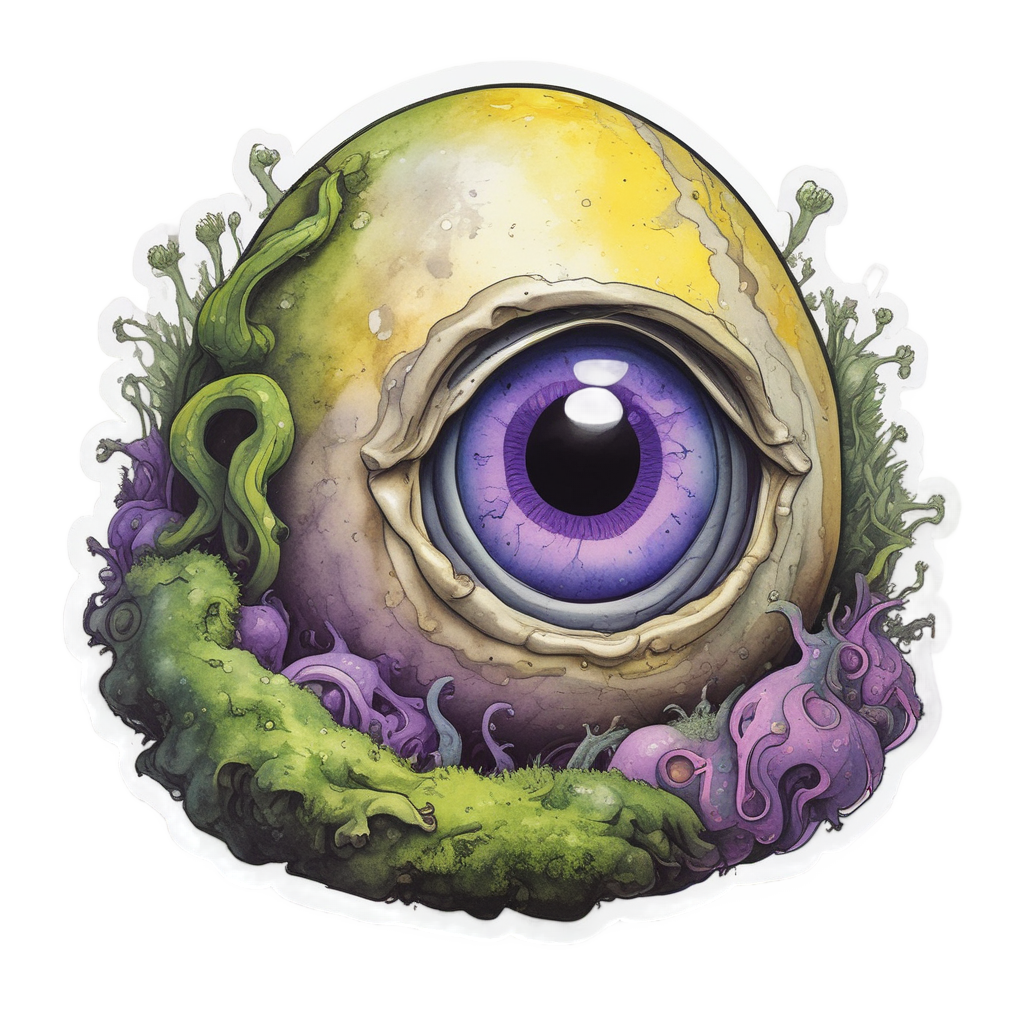 A cracked green egg with a large eye and tiny purple tentacles
