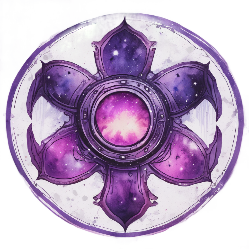 Watercolor biohazard symbol with a glowing purple alien eye in the center on white