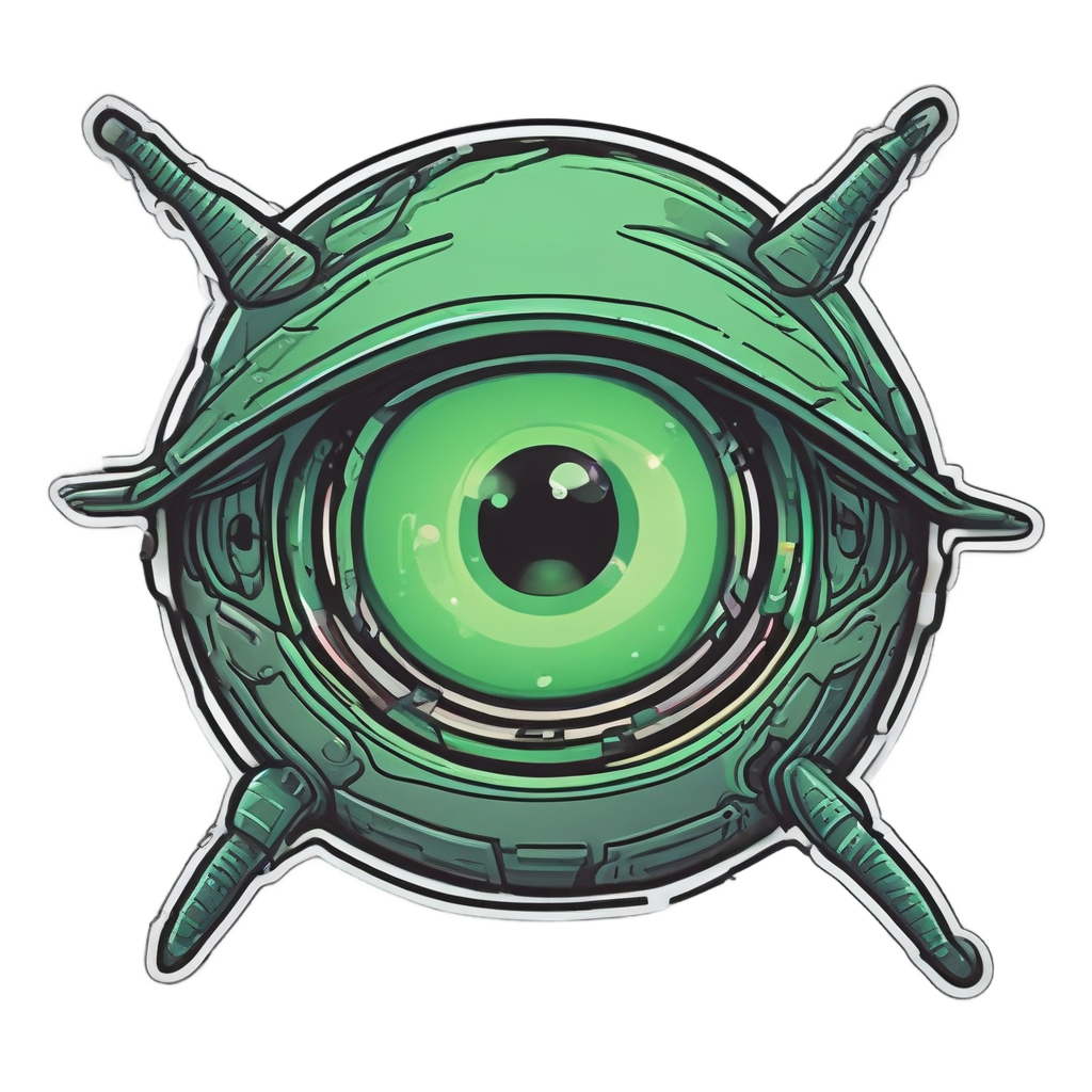 A glowing green eyeball with a tiny antenna and three pupils tilted