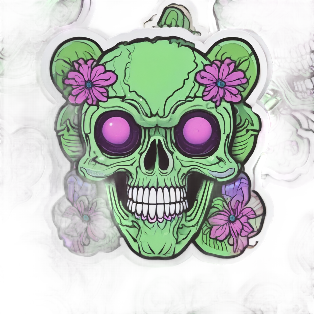 Flower skull with alien antennae and green third eye on white
