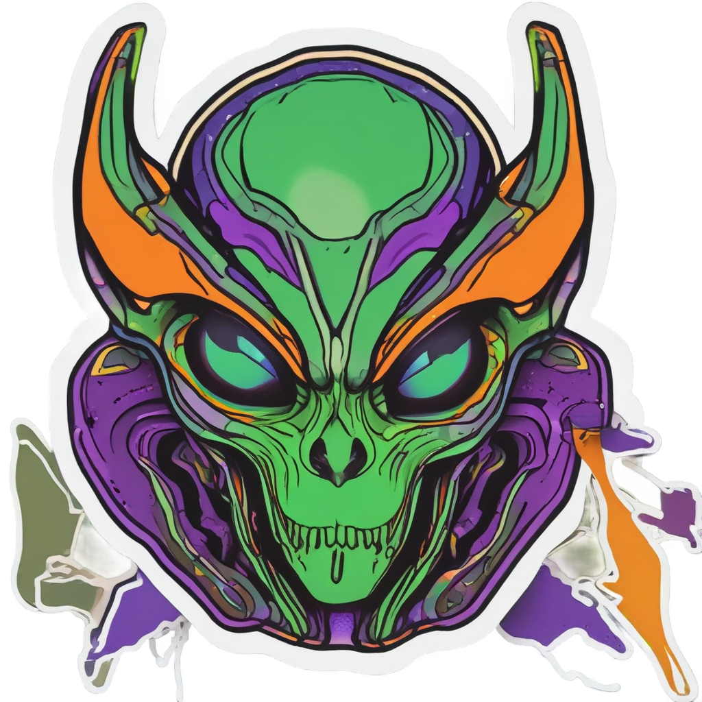 A neon camo alien head with green and purple skin
