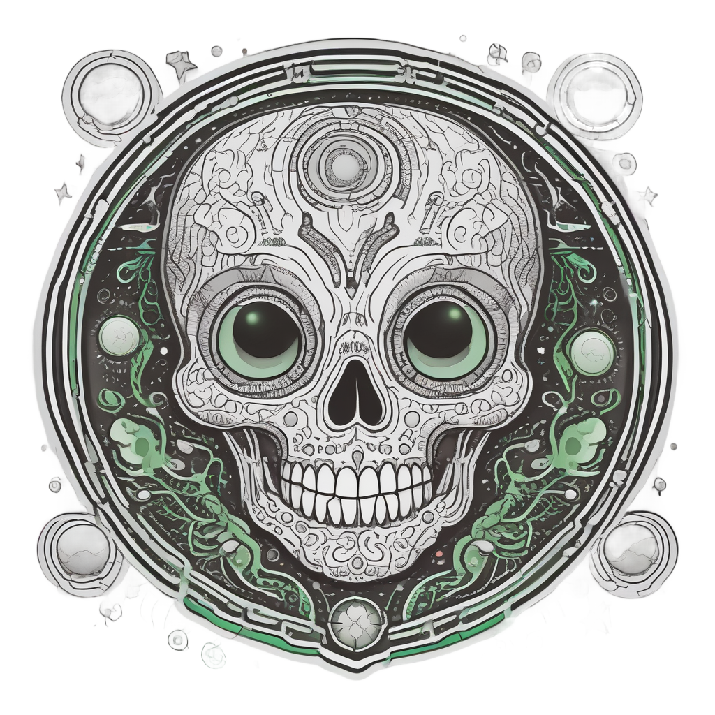 Sci-fi lineart heart-shaped alien calavera with stars and antennae.