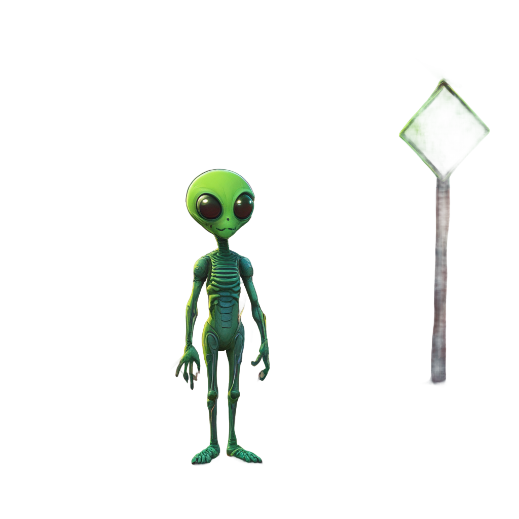 Neon green alien with large eyes hitchhiking on a desert highway at night with a glowing signpost