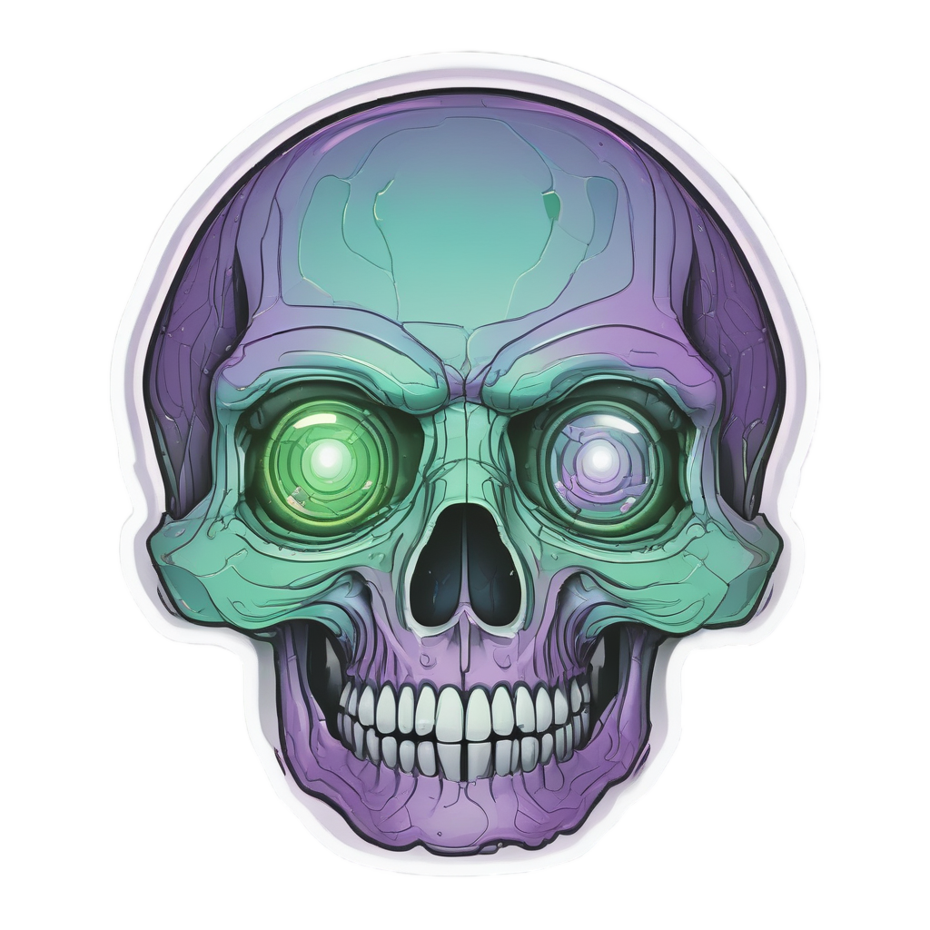 Alien hologram skull in green and purple lineart, die-cut sticker