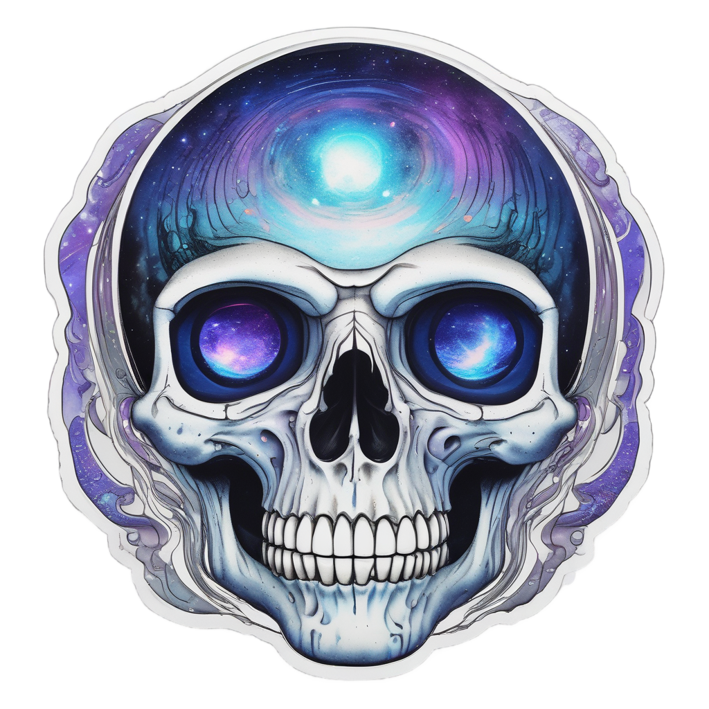 Alien skull with elongated head and holographic galaxy third eye