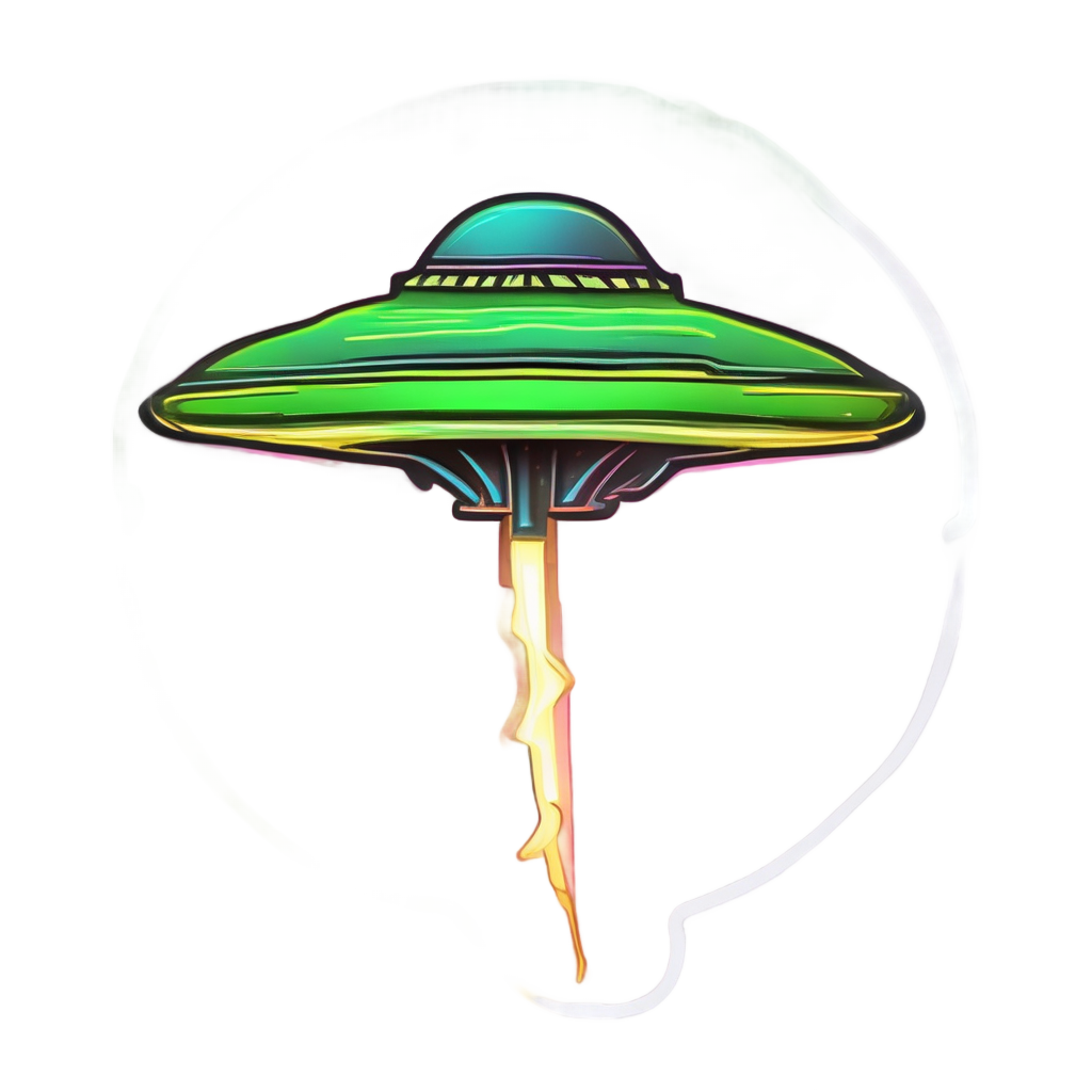 Neon green lightning bolt resembling a UFO with pink beam and alien bolts