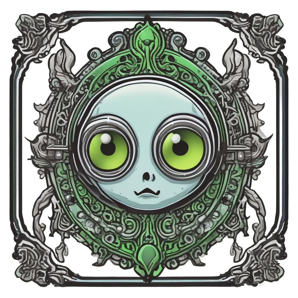 A gothic mirror with an alien face and neon green glow.