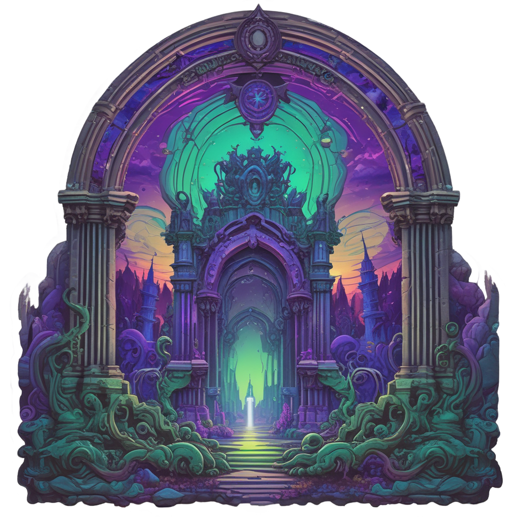Neon vortex portal with alien symbols in a gothic arch window