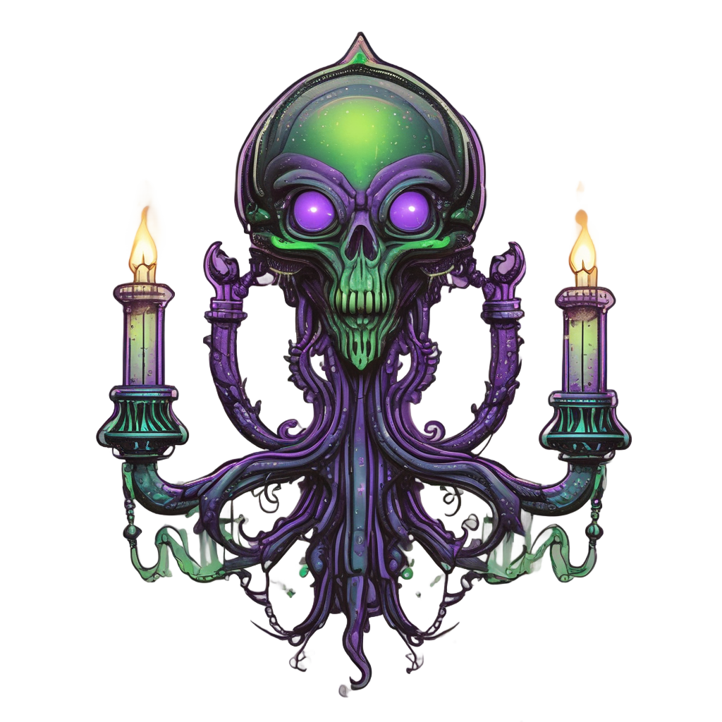 Alien candelabra with neon lime and purple glowing orbs