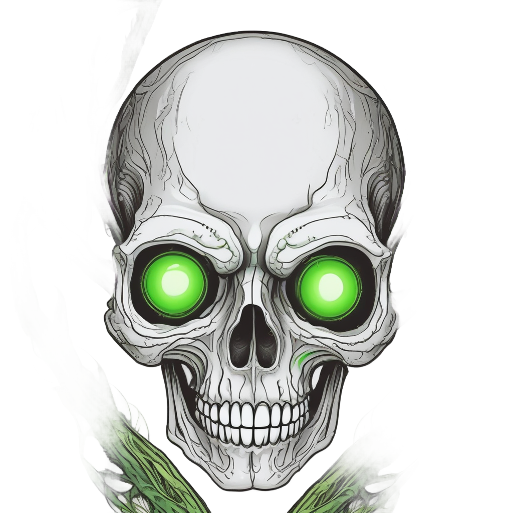 Alien pampas skull with neon green eyes and antennae on white
