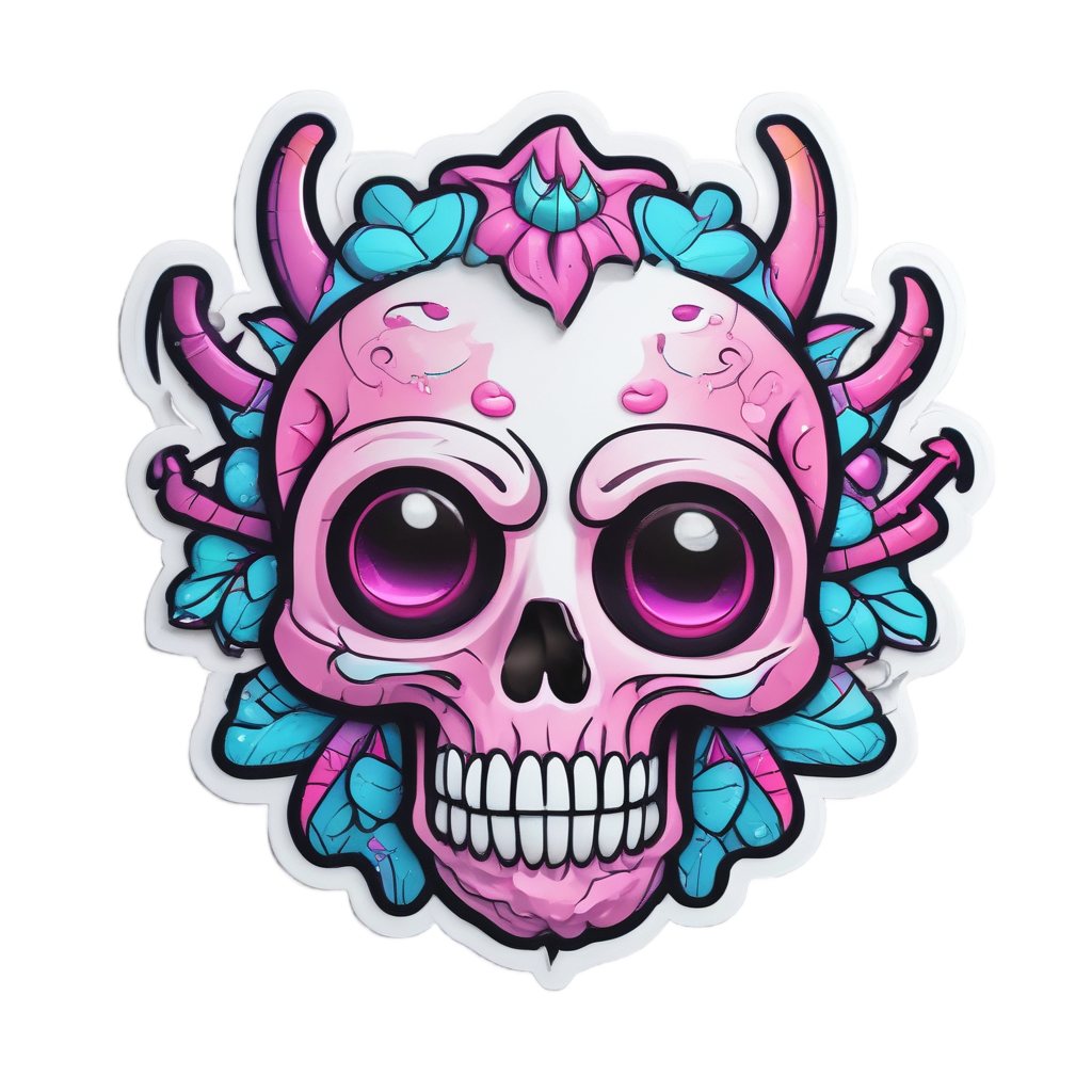 A kawaii alien skull with antennae and floating petals