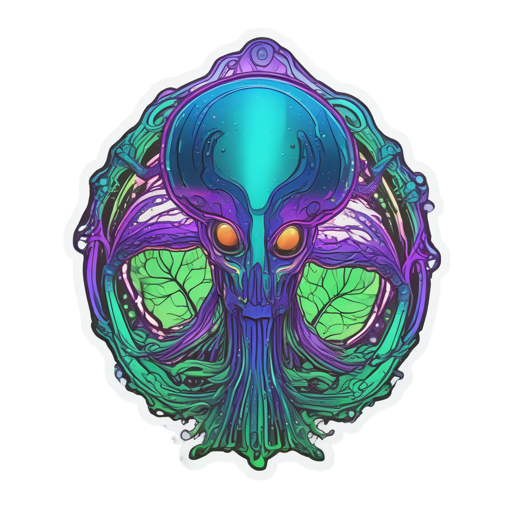 Radioactive symbol intertwined with alien holographic plants in neon green and purple.