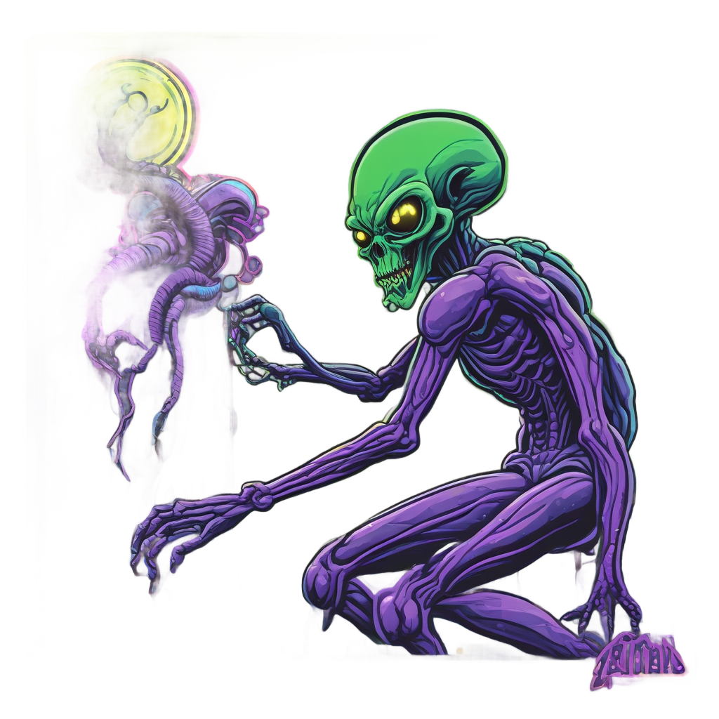 Neon purple alien controlling a green humanoid with strings sticker