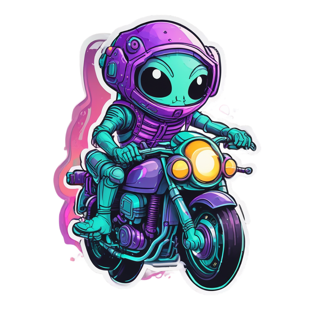 An alien with antenna eyes rides a glowing futuristic cafe racer.