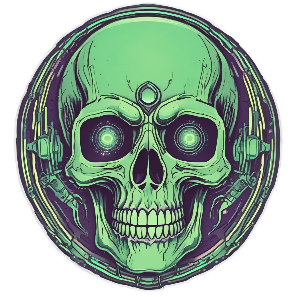 Skull with elongated head and neon green laser from third eye