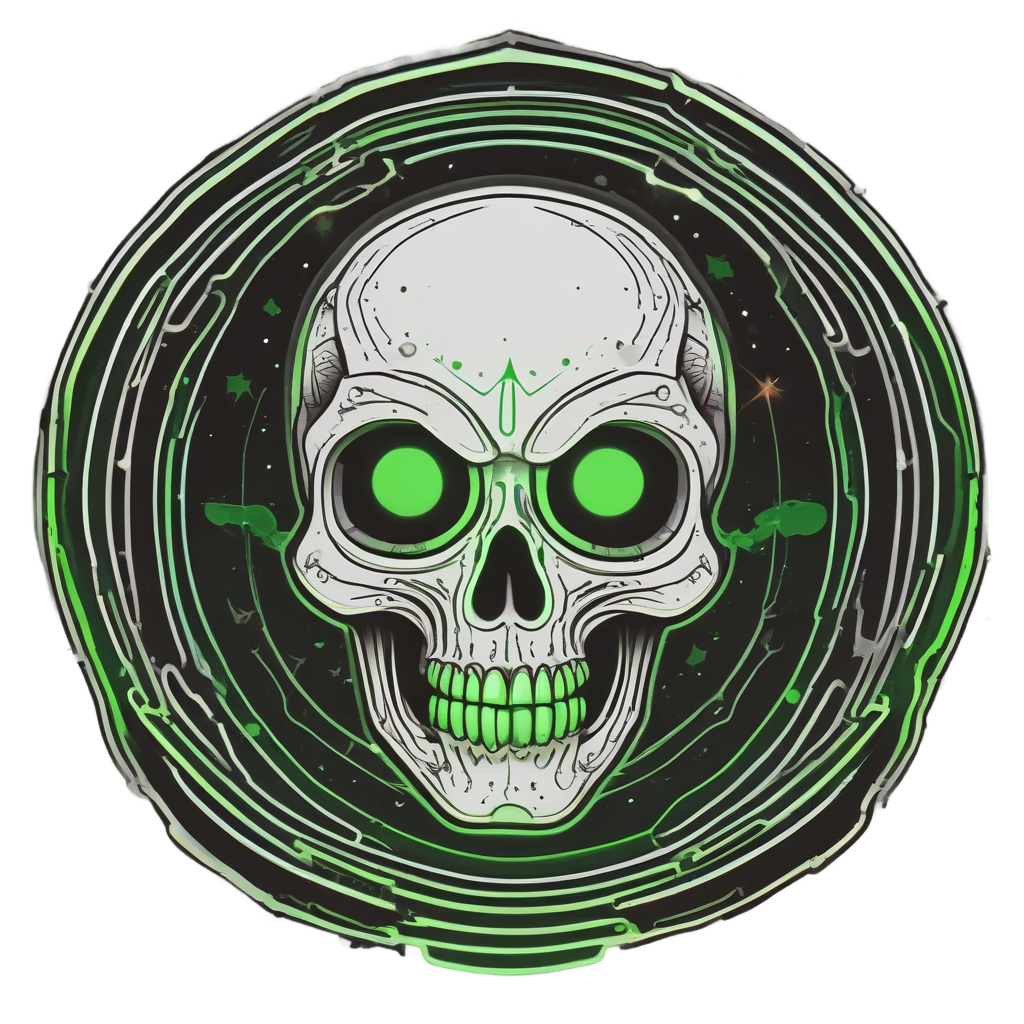 Neon green alien head with UFO beams forming a negative-space skull
