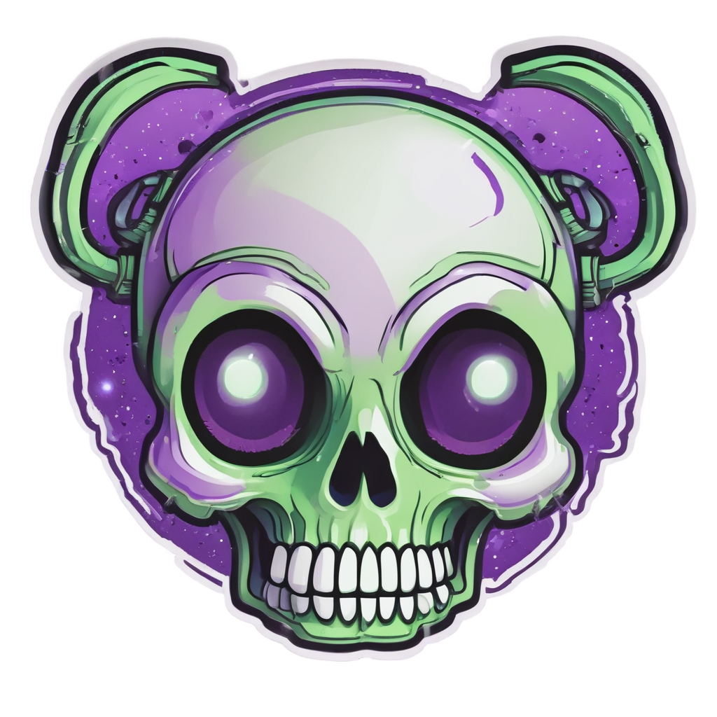 Alien skull with antennae and neon green blush in a cosmic glow