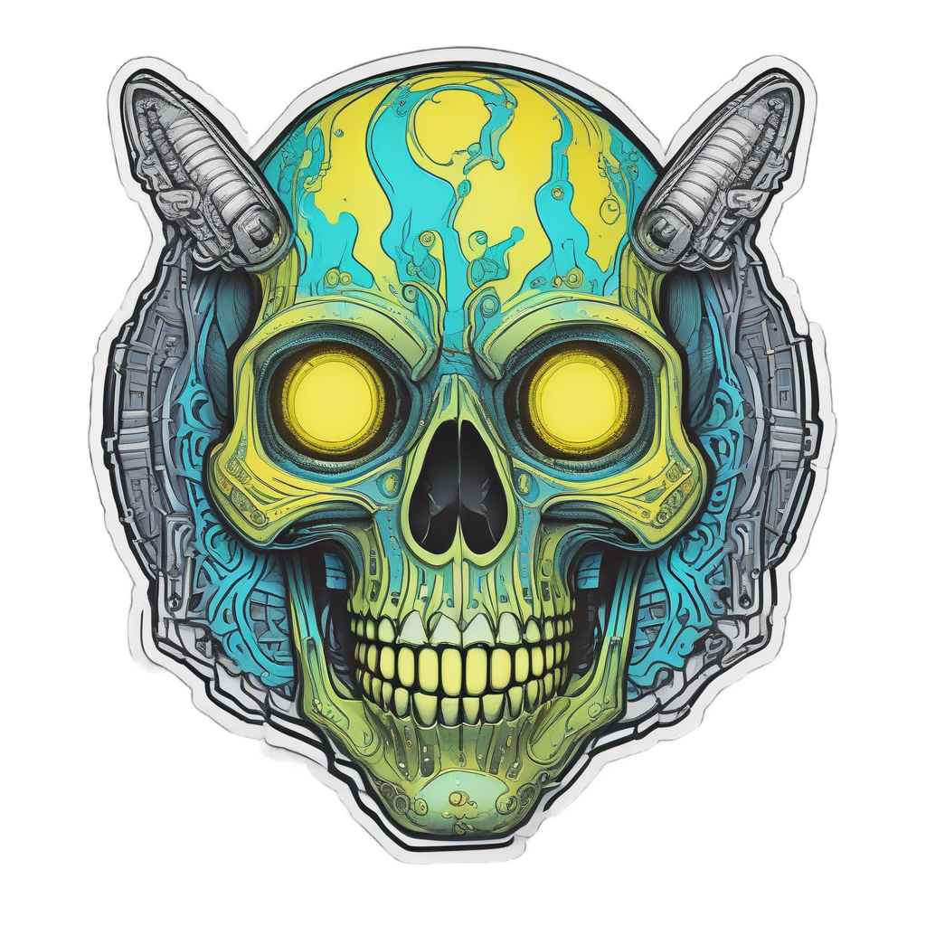 Hologram skull with neon cybernetic implants and antennae
