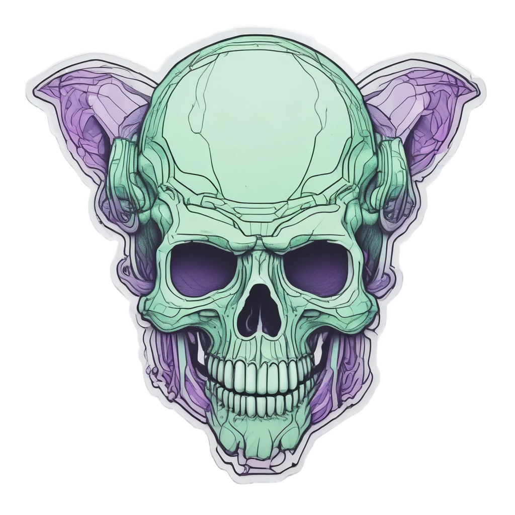 Holographic alien skull with antennae and saucer.