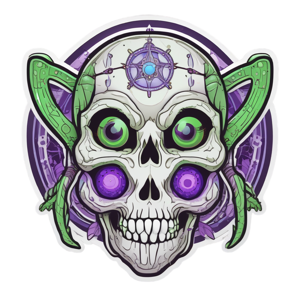 Neon green alien skull with UFO dreamcatcher, kawaii sticker