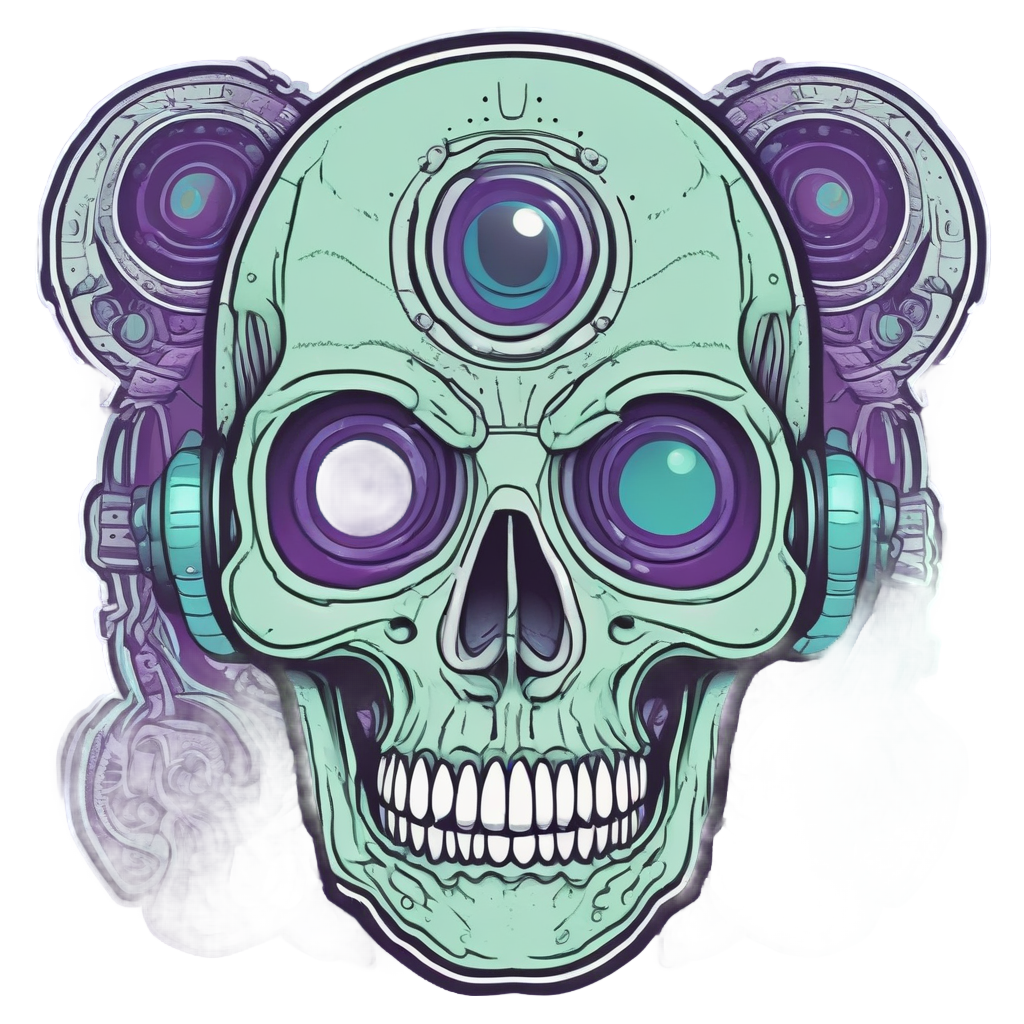 Line art alien skull with large eyes and antennae in mint and purple