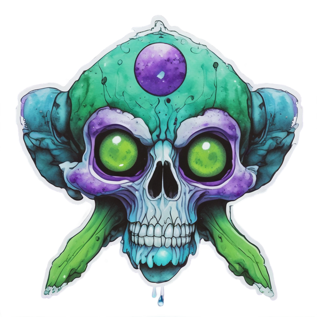 A cosmic watercolor star skull with three neon alien eyes and UFOs