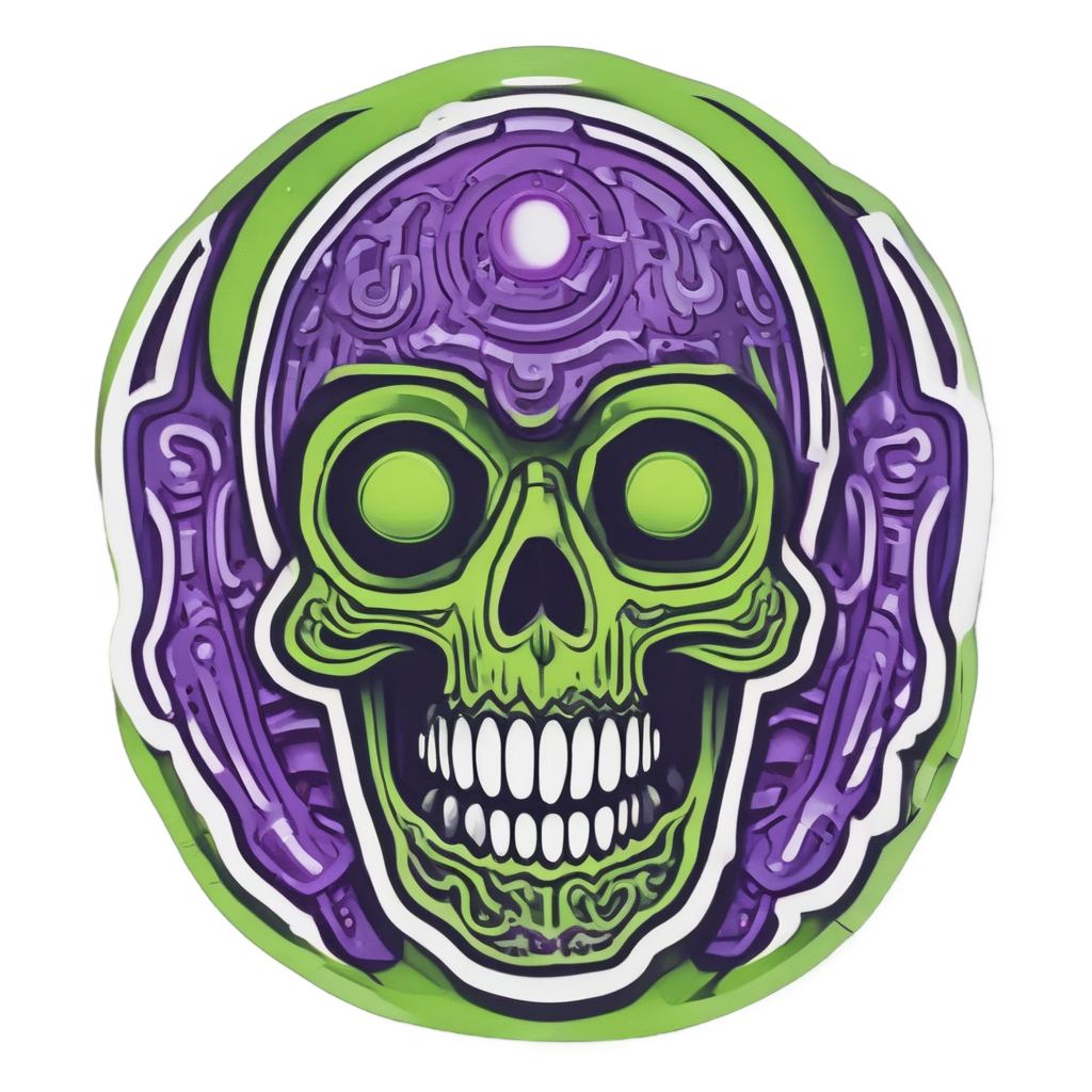 Neon green and violet papercut alien skull with three eyes and a star antenna.