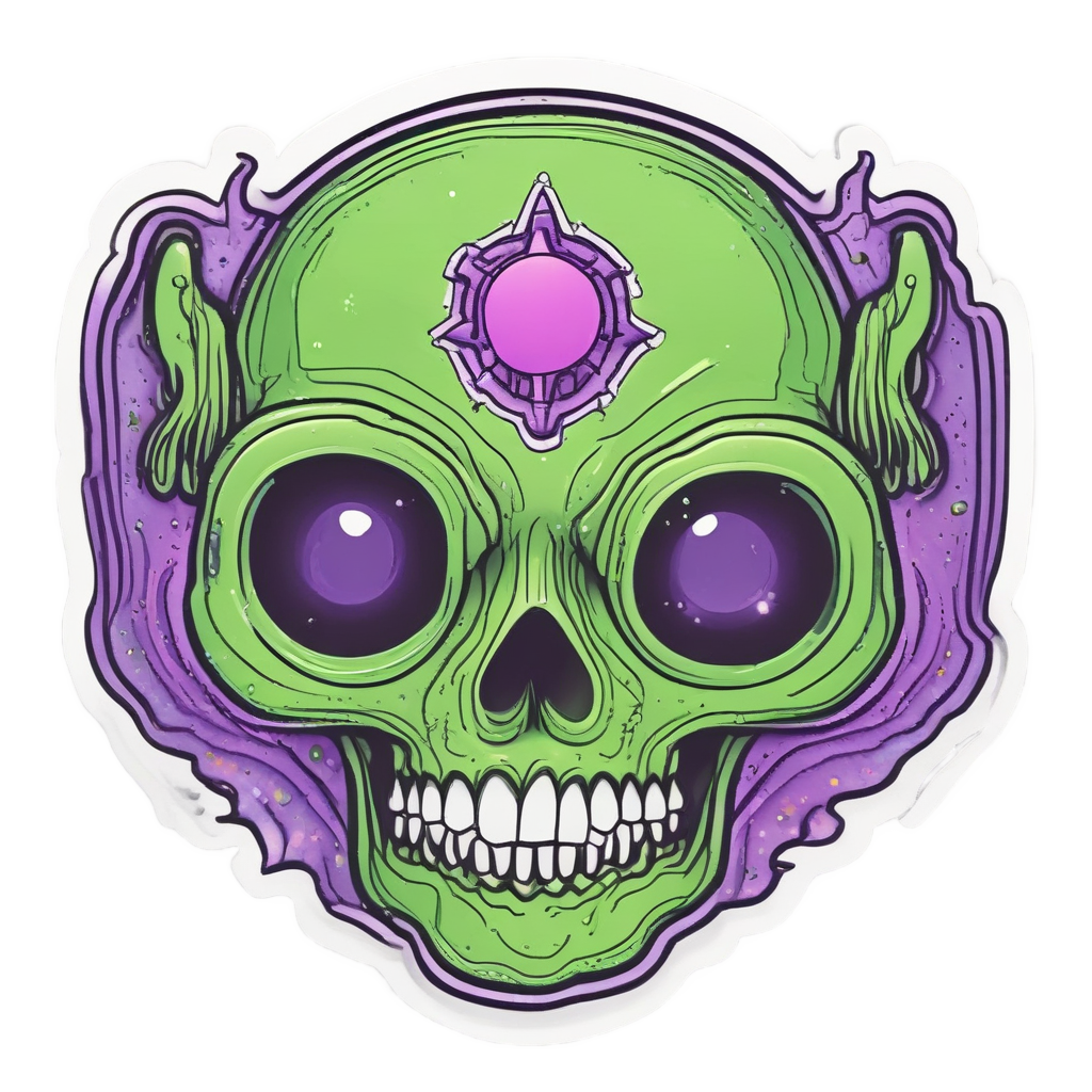Alien line skull with large star eyes and antennae, holographic green purple colors.