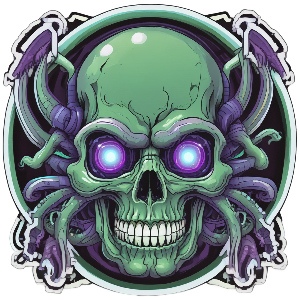 Extraterrestrial skull with star eyes and neon tentacles in green and purple
